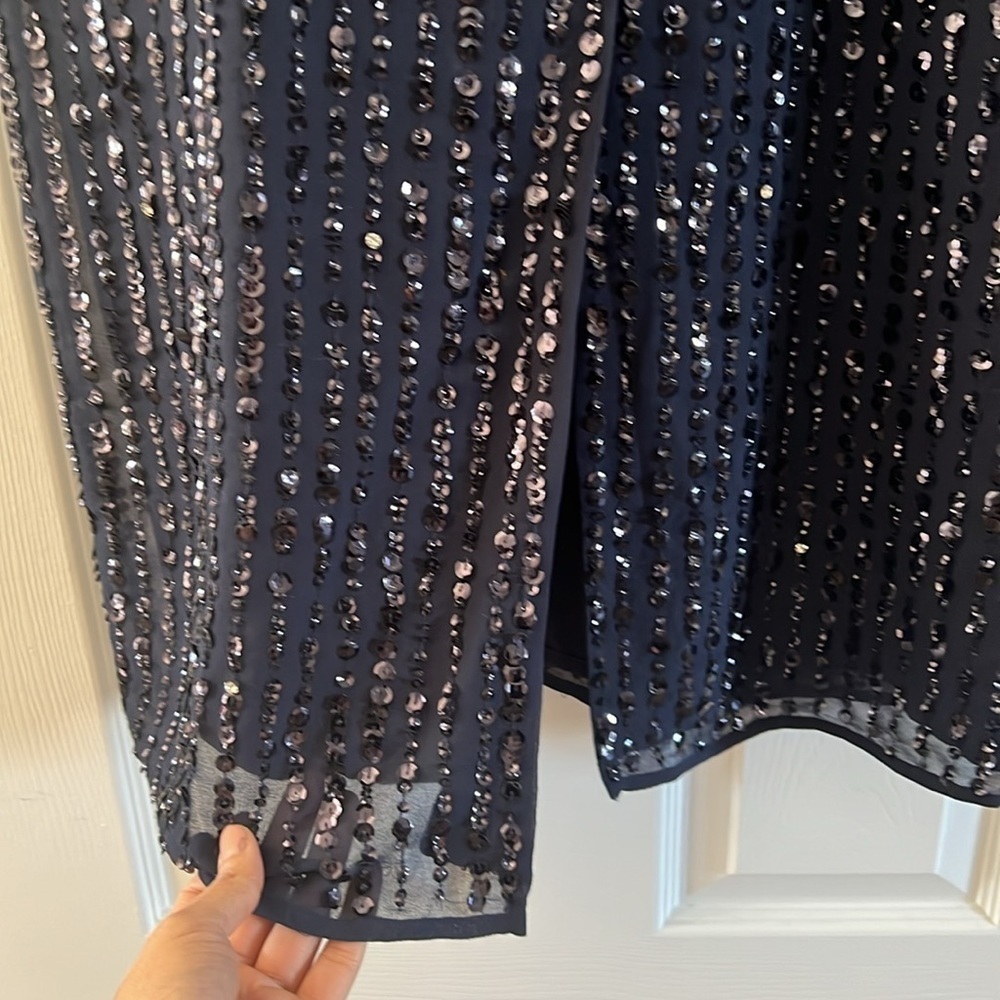 10 Mac Duggal Navy Long Sleeve Sequined Midi Dress 14 V neck Evening Formal - Picture 11 of 12